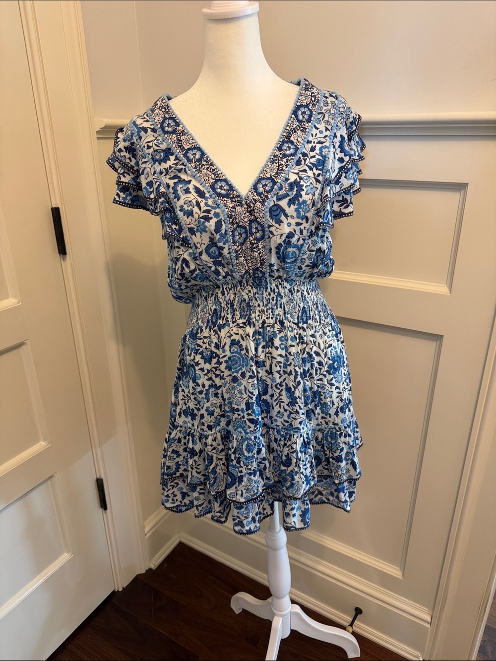 Poupette St. Barth Blue and White Floral V-Neck Smocked Mini Dress